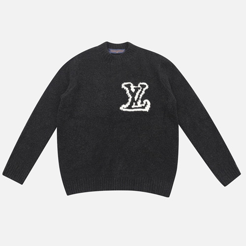 (V공장)루이비통 FW23 로고 문자 장식 남성 캐주얼 라운드넥 스웨터 - 블랙